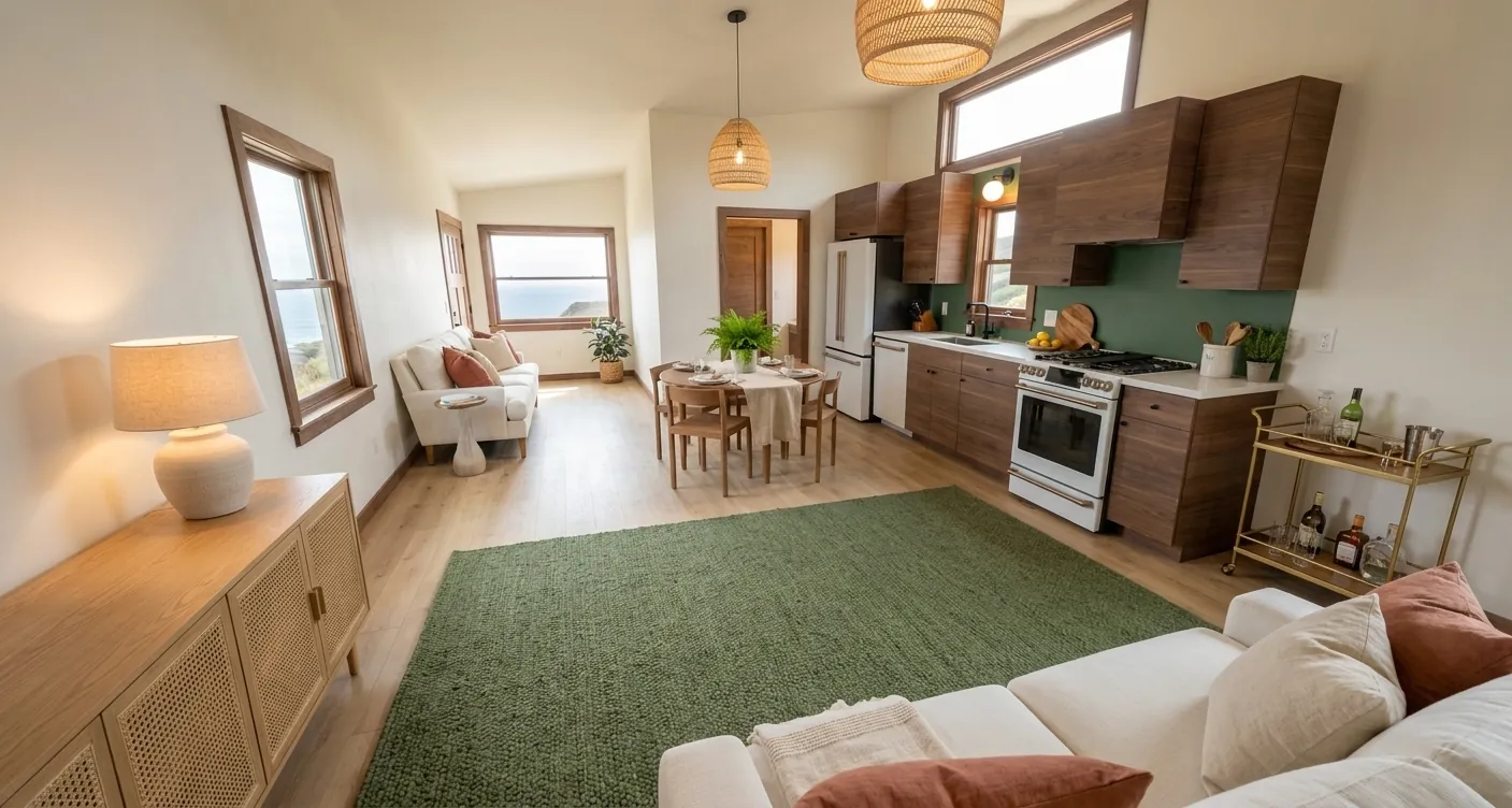 Fair Oaks: great room with walnut kitchen, green rug, and clerestory windows