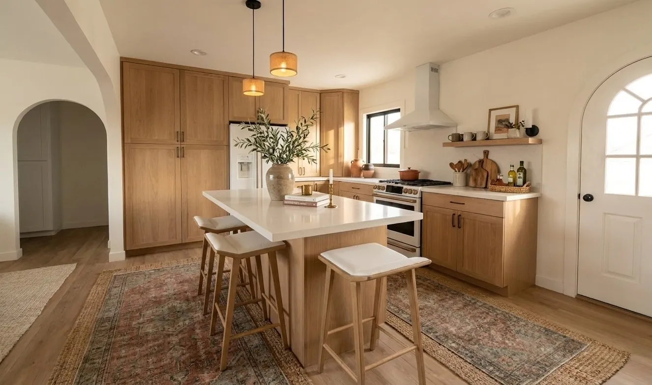 Hermar: kitchen with white oak cabinetry and waterfall island