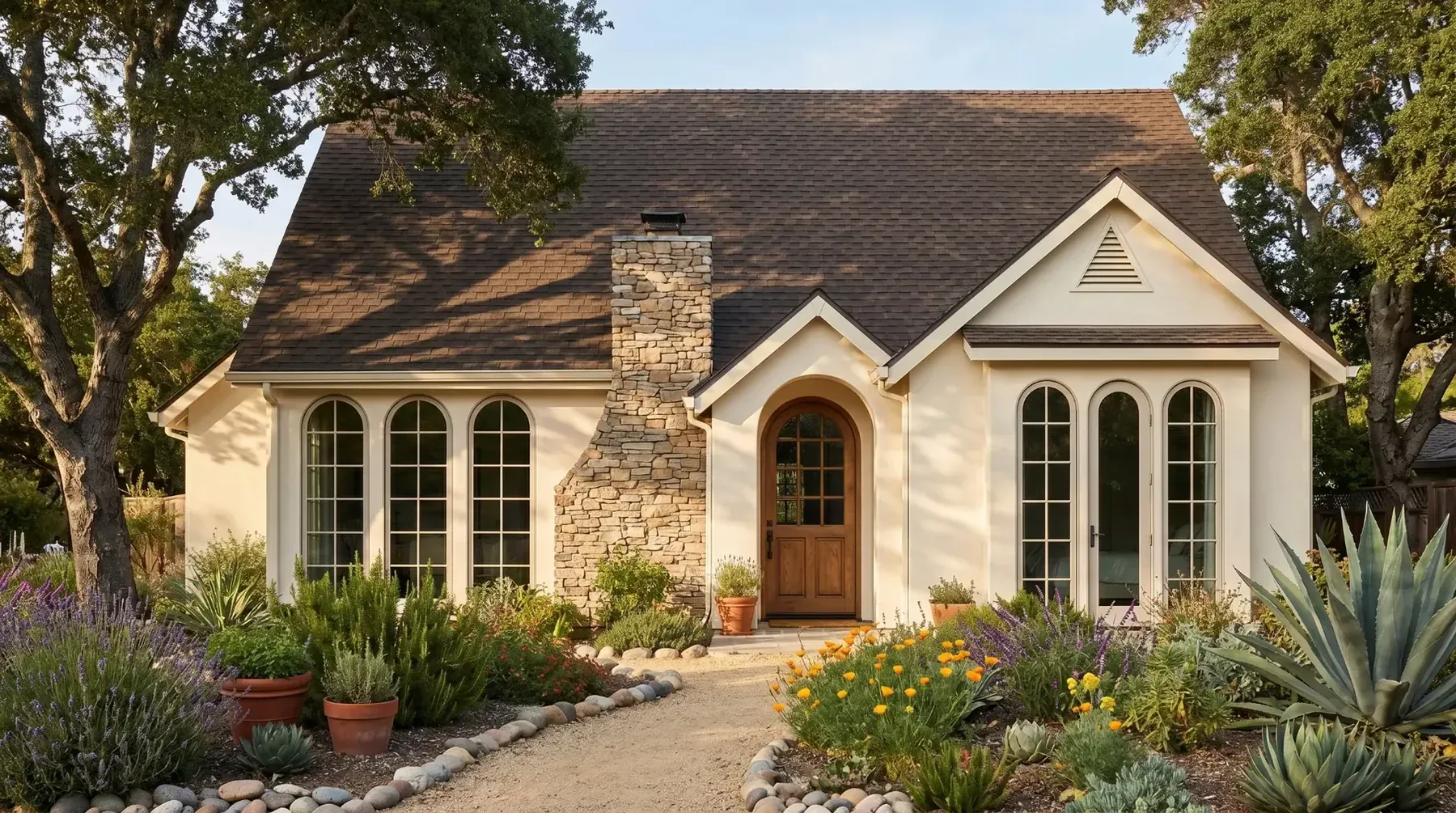 Olive Ave. Cottage Mediterranean: cream cottage with a stone chimney, arched front door, and drought-tolerant garden